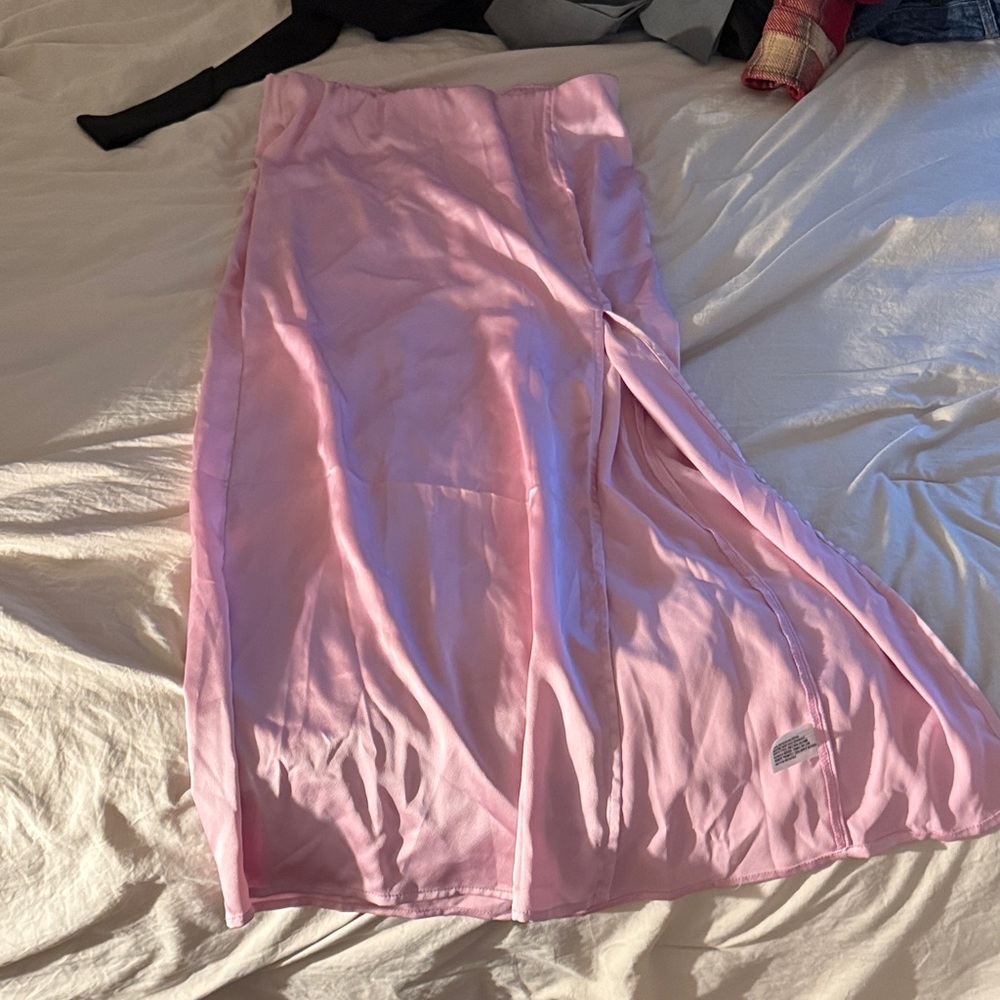 Pink Satin Skirt with Side Slit